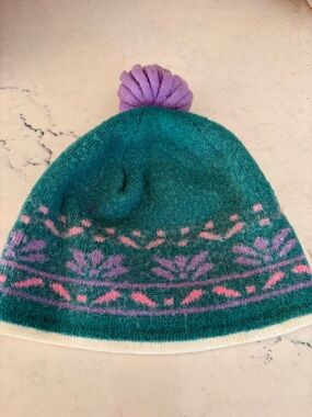 Wigwam Pompom Wool Knit Beanie Ski Hat Cap kids U.S.A. Purple Green vintage